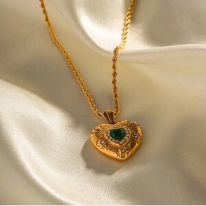 Gold Heart Necklace with Emerald Green Centerpiece